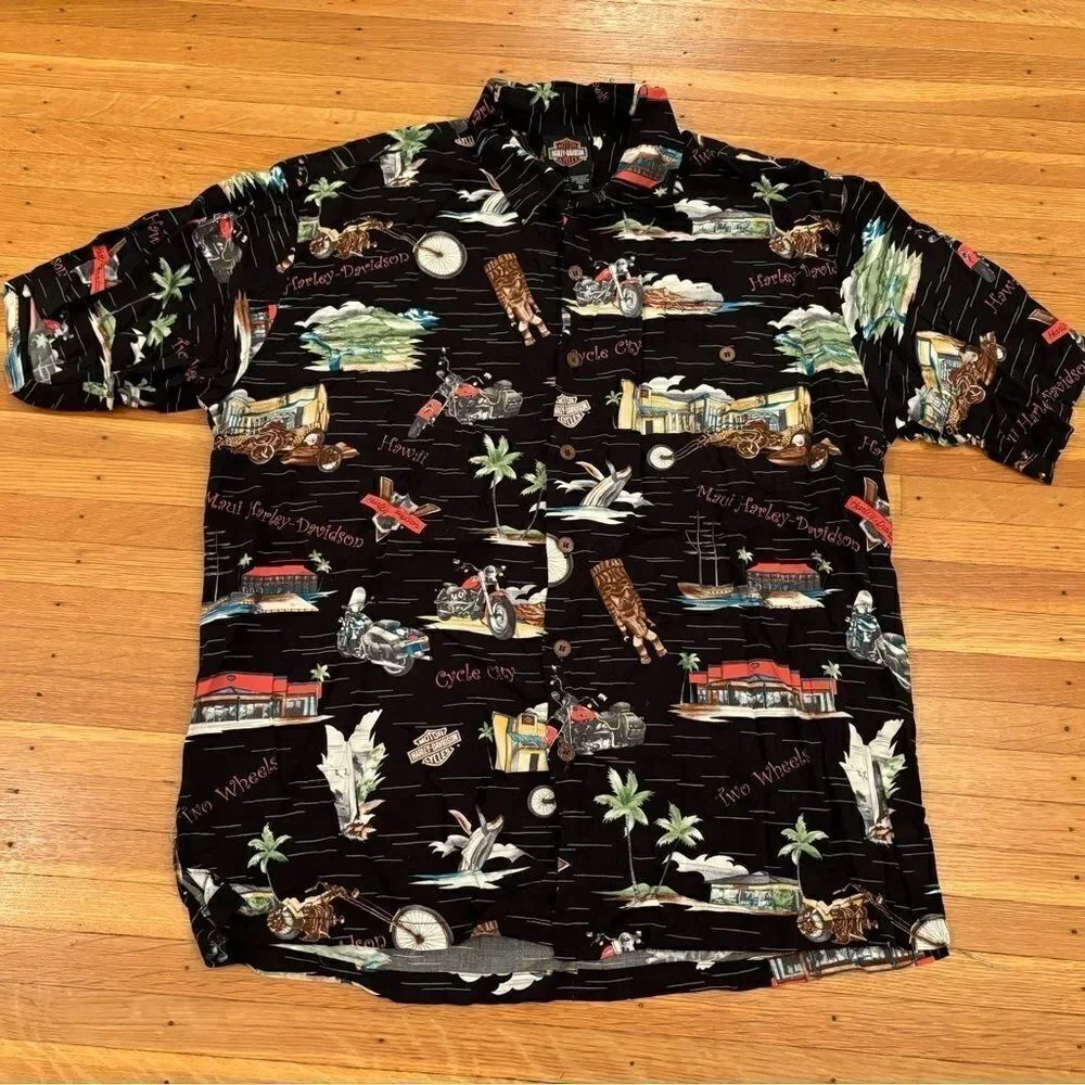 Harley Davidson Tori Richard Vintage Maui Hawaiian black button down